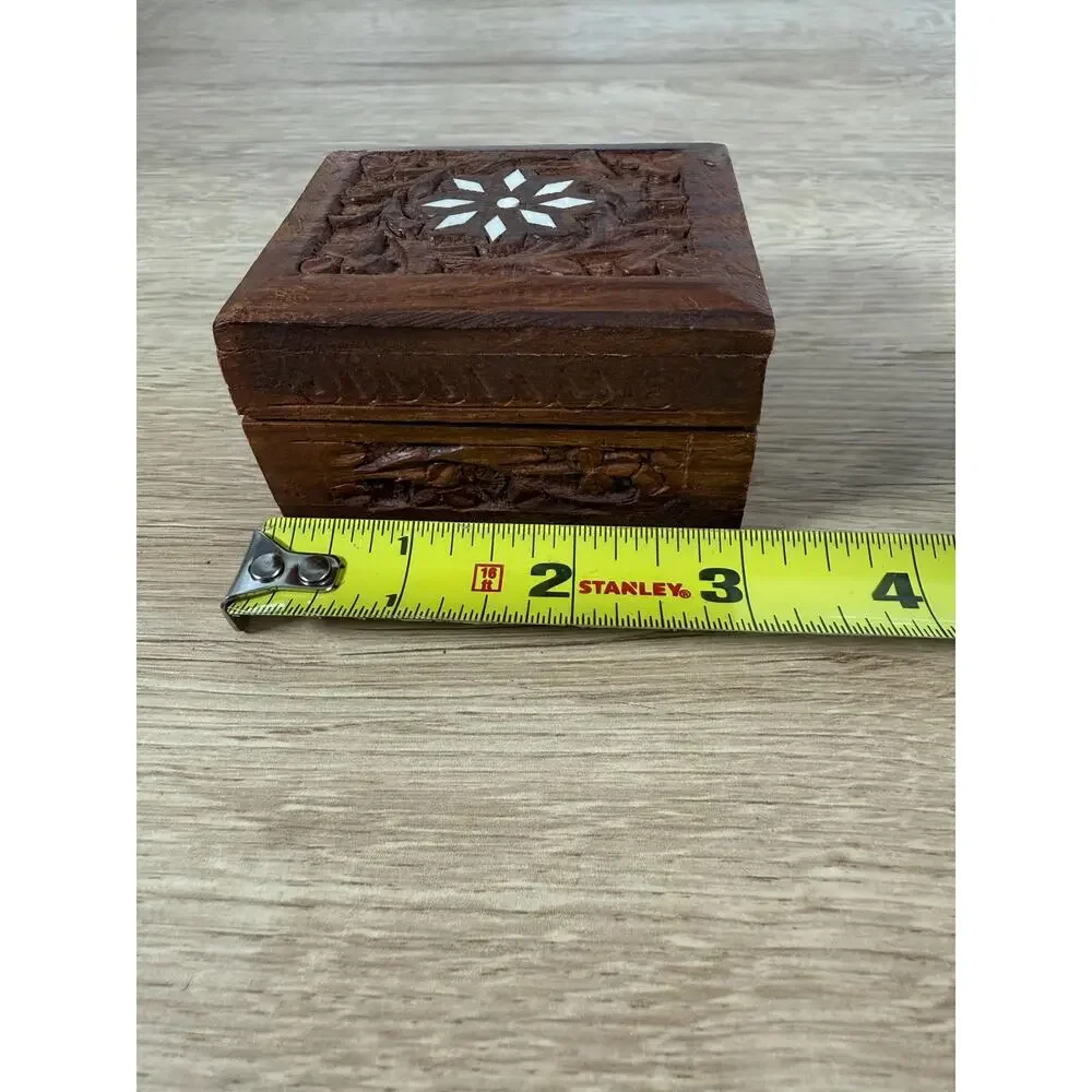 Vintage Carved Wood Trinket Box, Mother of Pearl Inlay, Hand Carved Floral